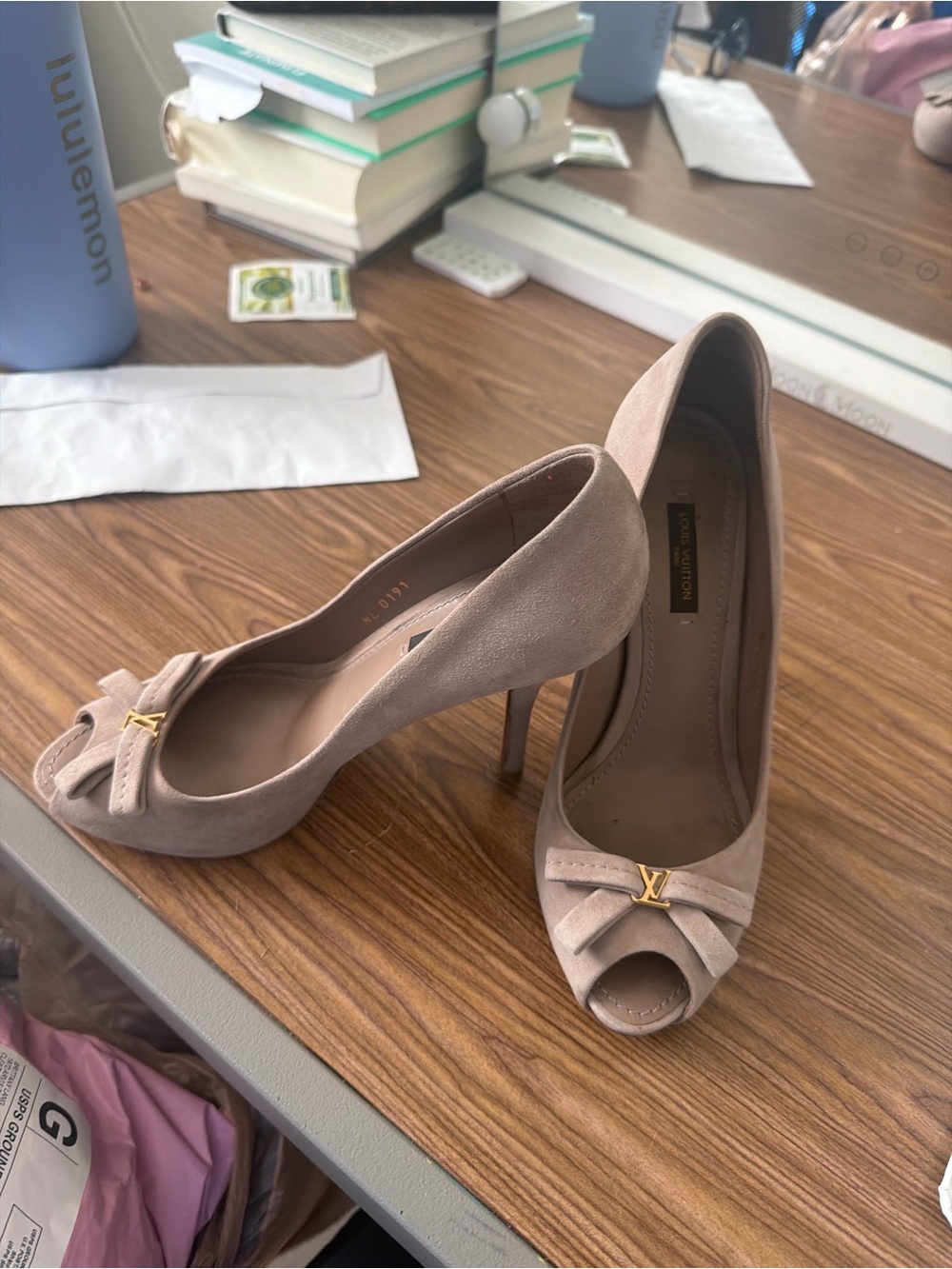 Louis Vuitton Nude Suede Peep-Toe Pumps with Gold LV Accent